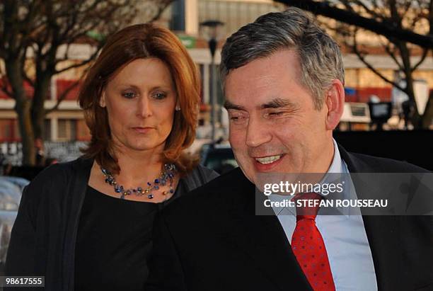 British Prime Minister, and leader of the ruling Labour Party, Gordon Brown , and his wife Sarah, arrive to participate in the second of three live...