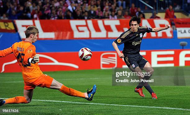 Yossi Benayoun of Liverpool shoots just wide during the UEFA Europa League Semi-Finals First Leg match between Atletico Madrid and Liverpool FC at...