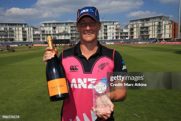 Sophie Devine of New Zealand poses with the player of the match award during the South Africa Women vs New Zealand Women International T20 Tri-Series...