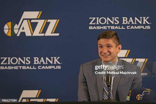 The Utah Jazz introduce, 2018 NBA draftee, Grayson Allen during an introductory press conference at Zions Bank Basketball Campus on June 27, 2018 in...