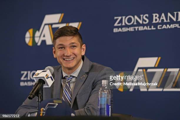 The Utah Jazz introduce, 2018 NBA draftee, Grayson Allen during an introductory press conference at Zions Bank Basketball Campus on June 27, 2018 in...