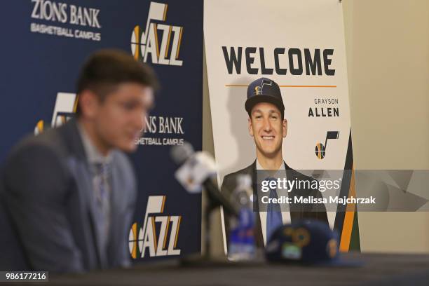 The Utah Jazz introduce, 2018 NBA draftee, Grayson Allen during an introductory press conference at Zions Bank Basketball Campus on June 27, 2018 in...