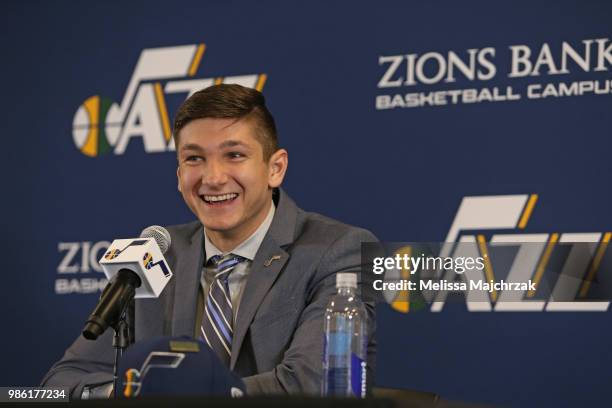 The Utah Jazz introduce, 2018 NBA draftee, Grayson Allen during an introductory press conference at Zions Bank Basketball Campus on June 27, 2018 in...