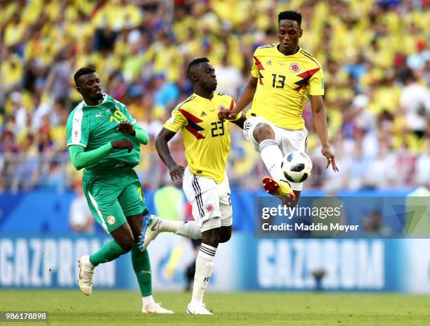 Yerry Mina of Colombia controls the ball during the 2018 FIFA World Cup Russia group H match between Senegal and Colombia at Samara Arena on June 28,...
