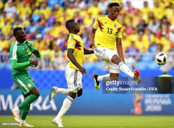 Yerry Mina of Colombia controls the ball during the 2018 FIFA World Cup Russia group H match between Senegal and Colombia at Samara Arena on June 28,...