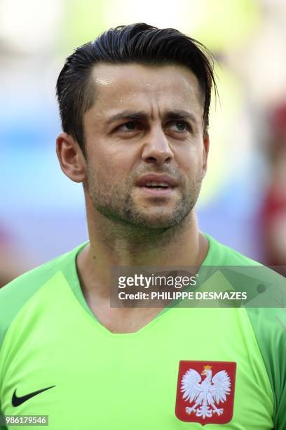 Poland's goalkeeper Lukasz Fabianski poses before the Russia 2018 World Cup Group H football match between Japan and Poland at the Volgograd Arena in...