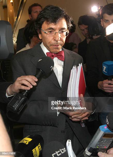 President of the PS Elio Di Rupo talks to the press at the Belgian Federal Parliament on April 22, 2010 in Brussels, Belgium. The Belgian government...