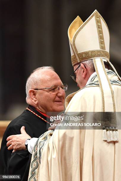 Iraqi Louis Raphael I Sako patriarch of Babylon of the Chaldeans his greeted by Pope Francis before his pledge of allegiance to become a cardinal...