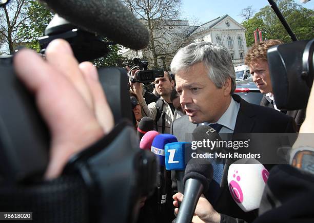 President of MR Didier Reynders talks to the press at the Belgian Federal Parliament on April 22, 2010 in Brussels, Belgium. The Belgian government...