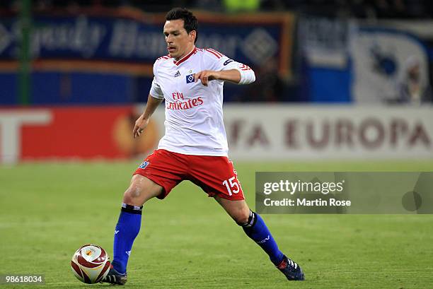 Piotr Trochowski of HSV runs with the ball during the UEFA Europa League semi final first leg match between Hamburger SV and Fulham at HSH Nordbank...