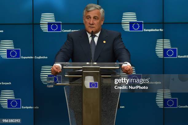 President of the European Parliament Antonio Tajani holds a press conference on the first day of the European Council Summit, Brussels on June 28,...