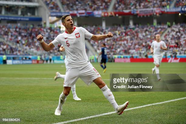 Jan Bednarek of Poland celebrates after scoring his team's first goal during the 2018 FIFA World Cup Russia group H match between Japan and Poland at...