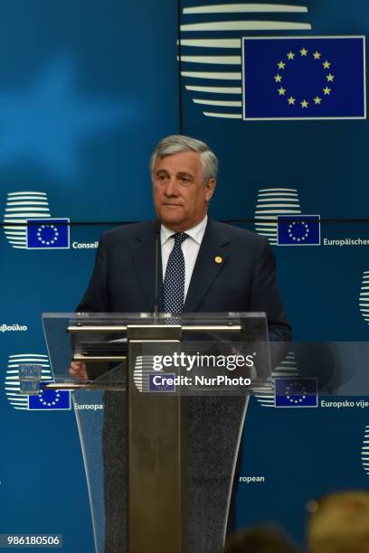 President of the European Parliament Antonio Tajani holds a press conference on the first day of the European Council Summit, Brussels on June 28,...