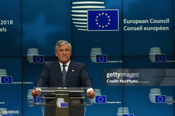 President of the European Parliament Antonio Tajani holds a press conference on the first day of the European Council Summit, Brussels on June 28,...