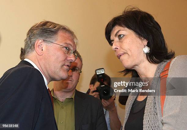 Stefaan De Clercq and Joelle Milquet talk at the Belgian Federal Parliament on April 22, 2010 in Brussels, Belgium. The Belgian government has...