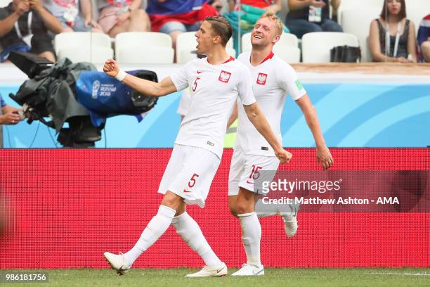 Jan Bednarek of Poland celebrates scoring a goal to make it 0-1 with Kamil Glik of Poland during the 2018 FIFA World Cup Russia group H match between...