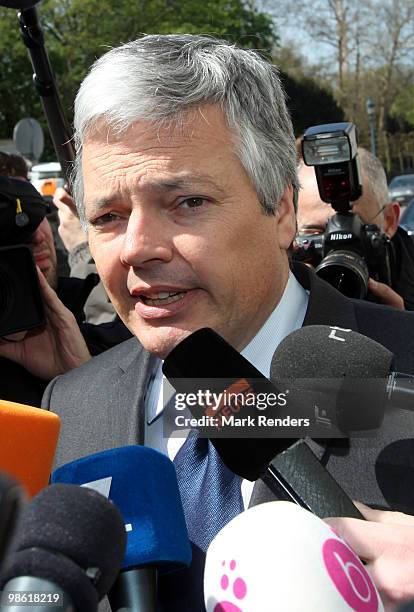 President of MR Didier Reynders talks to the press at the Belgian Federal Parliament on April 22, 2010 in Brussels, Belgium. The Belgian government...