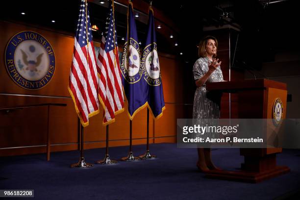 House Minority Leader Nancy Pelosi addresses reporters at her weekly news conference on Capitol Hill June 28, 2018 in Washington, DC. Pelosi...