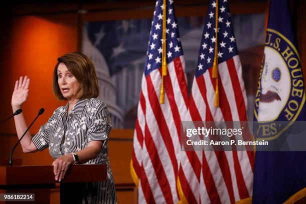 House Minority Leader Nancy Pelosi addresses reporters at her weekly news conference on Capitol Hill June 28, 2018 in Washington, DC. Pelosi...