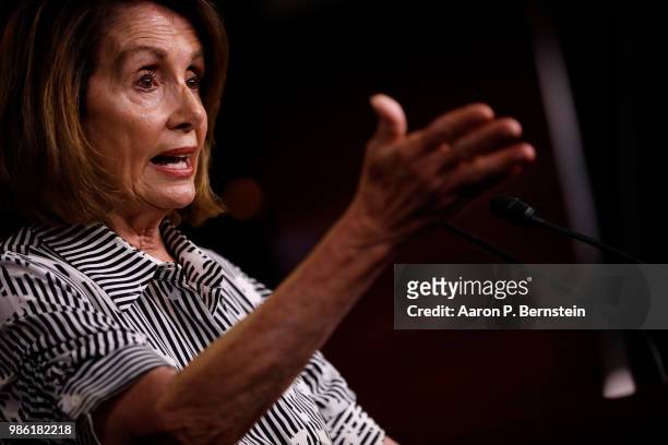 House Minority Leader Nancy Pelosi addresses reporters at her weekly news conference on Capitol Hill June 28, 2018 in Washington, DC. Pelosi...