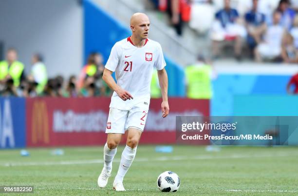 Rafal Kurzawa of Poland in action during the 2018 FIFA World Cup Russia group H match between Japan and Poland at Volgograd Arena on June 28, 2018 in...