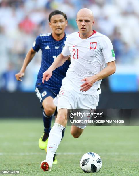 Rafal Kurzawa of Poland in action during the 2018 FIFA World Cup Russia group H match between Japan and Poland at Volgograd Arena on June 28, 2018 in...