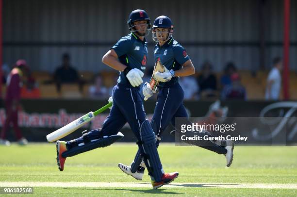 Sam Hain and Tom Kohler-Cadmore of England Lions run between the wickets during the Tri-Series International match between England Lions v West...