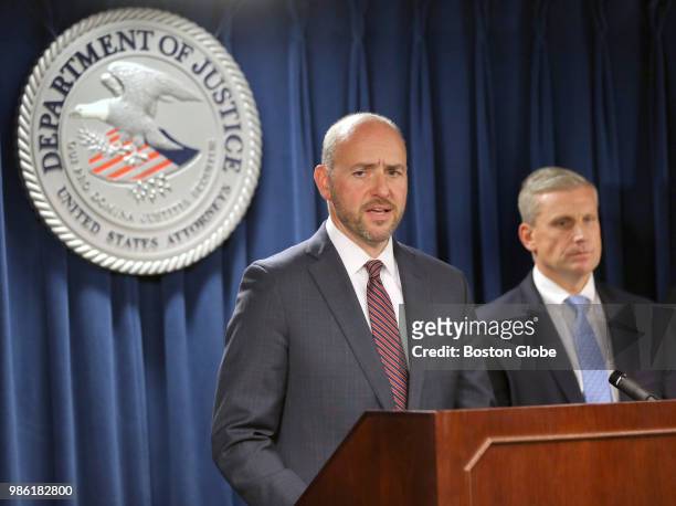 Attorney Andrew E. Lelling speaks during a press conference regarding the arrests of three Massachusetts State Police troopers, two recently retired...