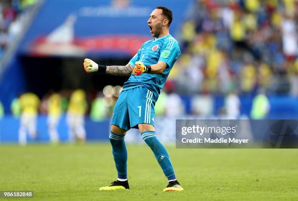 David Ospina of Colombia celebrates after teammate Yerry Mina scores their team's first goal during the 2018 FIFA World Cup Russia group H match...