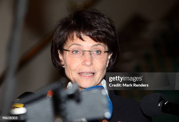 President of CD&V Marianne Thyssen talks to the press at the Belgian Federal Parliament on April 22, 2010 in Brussels, Belgium. The Belgian...