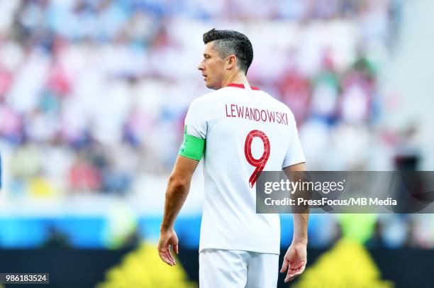 Robert Lewandowski of Poland reacts during the 2018 FIFA World Cup Russia group H match between Japan and Poland at Volgograd Arena on June 28, 2018...