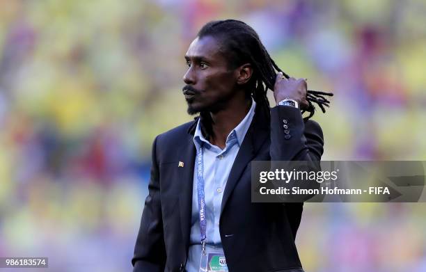 Aliou Cisse, Head coach of Senegal looks dejected during the 2018 FIFA World Cup Russia group H match between Senegal and Colombia at Samara Arena on...
