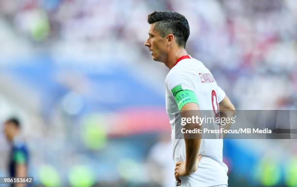 Robert Lewandowski of Poland reacts during the 2018 FIFA World Cup Russia group H match between Japan and Poland at Volgograd Arena on June 28, 2018...