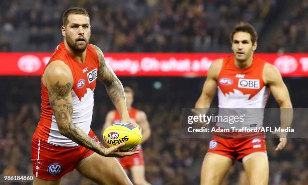 Lance Franklin of the Swans in action during the 2018 AFL round 15 match between the Richmond Tigers and the Sydney Swans at Etihad Stadium on June...