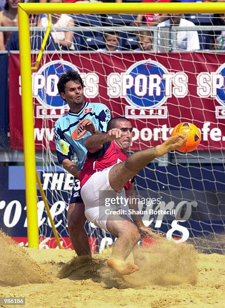 Ex Manchester United star Eric Cantona scores for France during the Kronenbourg Beach Soccer Cup played at Hyde Park, London. Digital Image....