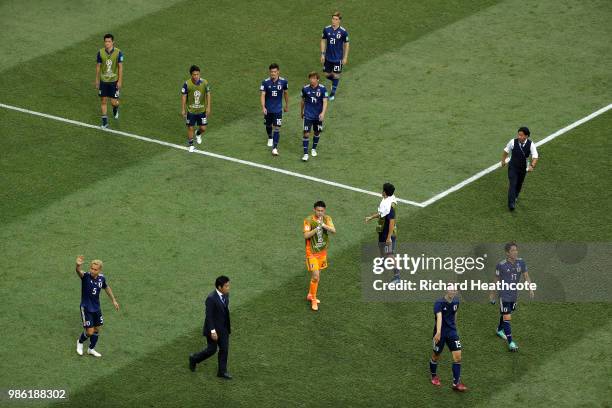 JapTakashi Inuian players celebrate following the 2018 FIFA World Cup Russia group H match between Japan and Poland at Volgograd Arena on June 28,...