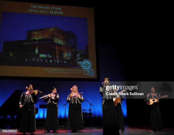 Members of Mariachi Divas on stage during the preview of The Broad Stage 2010-2011 schedule at The Broad Stage on April 22, 2010 in Santa Monica,...