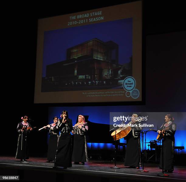 Members of Mariachi Divas on stage during the preview of The Broad Stage 2010-2011 schedule at The Broad Stage on April 22, 2010 in Santa Monica,...