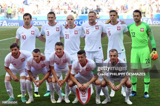 Poland's players midfielder Grzegorz Krychowiak, defender Artur Jedrzejczyk, midfielder Rafal Kurzawa, defender Kamil Glik, defender Jan Bednarek,...