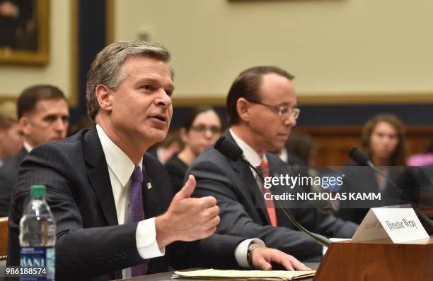 Director Christopher Wray and Deputy Attorney General Rod Rosenstein testify before a congressional House Judiciary Committee hearing on "Oversight...