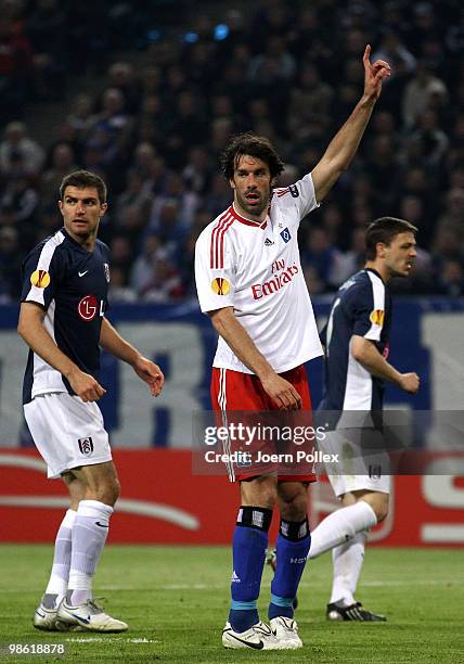 Ruud van Nistelrooy of Hamburg gestures during the UEFA Europa League semi final first leg match between Hamburger SV and Fulham at HSH Nordbank...