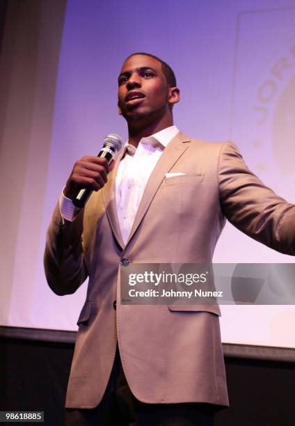 Player Chris Paul speaks at the Jordan Brand Classic awards dinner at The Edison Ballroom on April 16, 2010 in New York City.