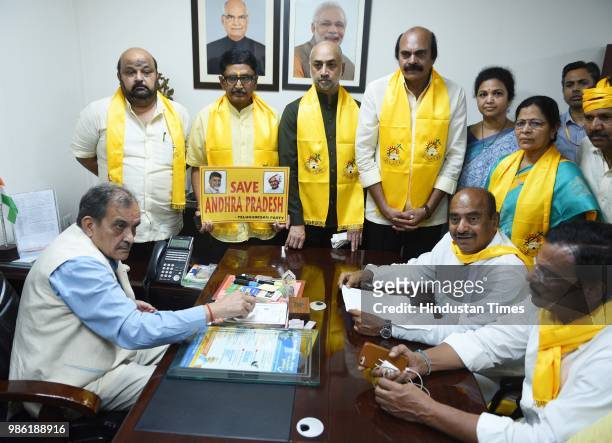 Telugu Desam Party MPs meet Union Steel Minister Chaudhary Birender Singh to demand an integrated steel plant in Kadapa district of Andhra Pradesh at...