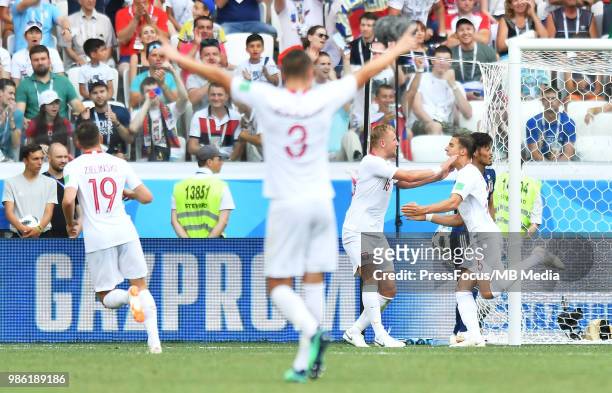 Jan Bednarek of Poland celebrates scoring the goal with team mates during the 2018 FIFA World Cup Russia group H match between Japan and Poland at...