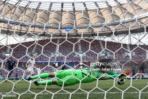 Lukasz Fabianski of Poland makes a save during the 2018 FIFA World Cup Russia group H match between Japan and Poland at Volgograd Arena on June 28,...