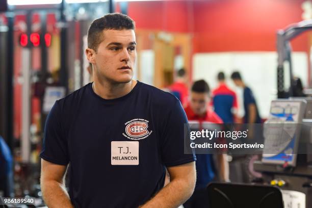 Look on Montreal Canadiens Prospect Defenseman T.J. Melancon during the Montreal Canadiens Development Camp on June 28 at Bell Sports Complex in...