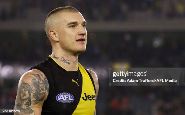 Dustin Martin of the Tigers looks on during the 2018 AFL round 15 match between the Richmond Tigers and the Sydney Swans at Etihad Stadium on June...