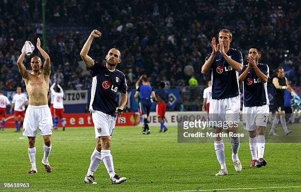 Player of Fulham wave to their fans after the UEFA Europa League semi final first leg match between Hamburger SV and Fulham at HSH Nordbank Arena on...