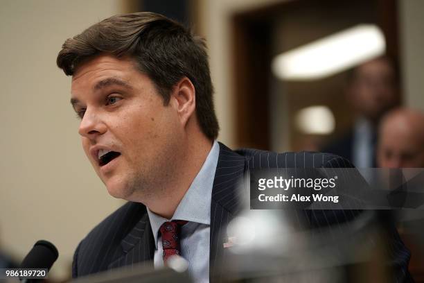 Rep. Matt Gaetz speaks during a hearing before the House Judiciary Committee June 28, 2018 on Capitol Hill in Washington, DC. While scheduled to...