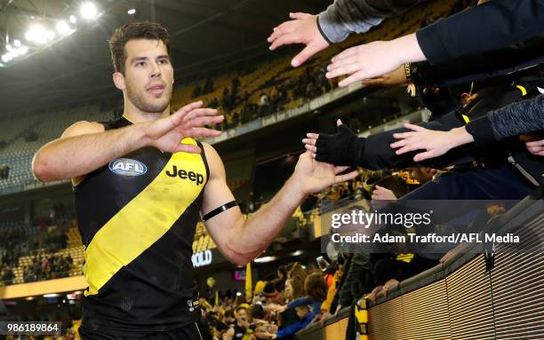 Alex Rance of the Tigers thanks fans during the 2018 AFL round 15 match between the Richmond Tigers and the Sydney Swans at Etihad Stadium on June...